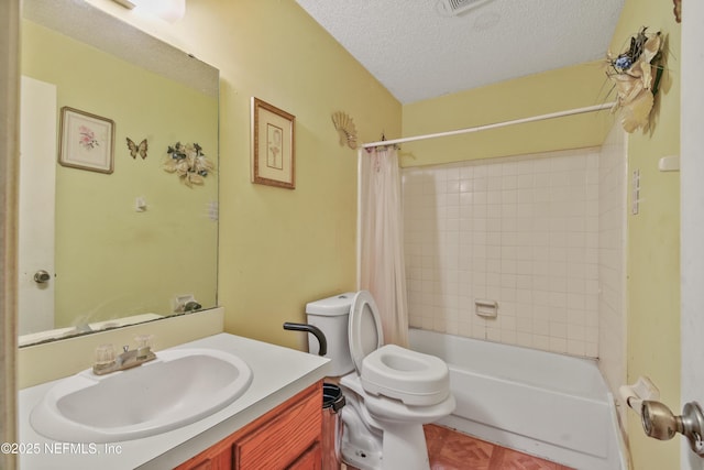 bathroom featuring visible vents, toilet, shower / tub combo, a textured ceiling, and vanity