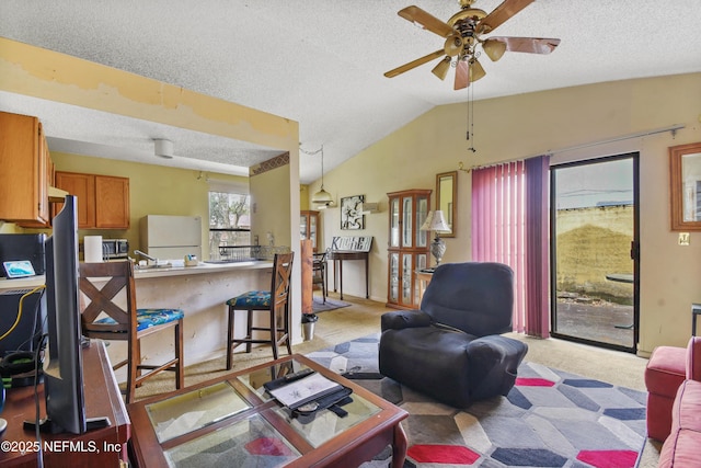 living area with light colored carpet, vaulted ceiling, a textured ceiling, and ceiling fan