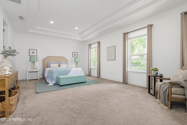 bedroom featuring recessed lighting, a raised ceiling, visible vents, light carpet, and baseboards