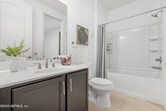 bathroom with toilet, shower / bath combination with curtain, tile patterned flooring, and vanity