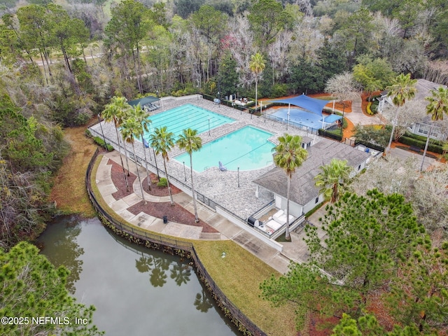 drone / aerial view with a water view