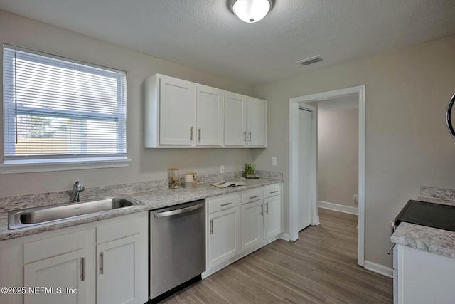 kitchen featuring a sink, visible vents, white cabinets, stainless steel dishwasher, and light wood-type flooring