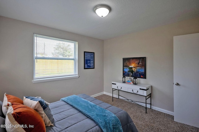 bedroom with a textured ceiling, carpet floors, and baseboards