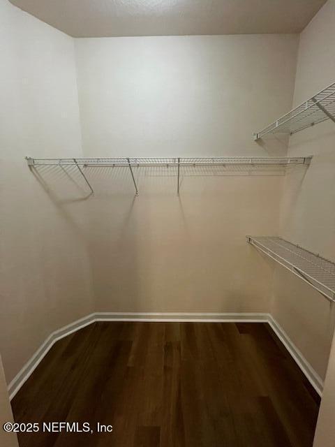 walk in closet with wood finished floors