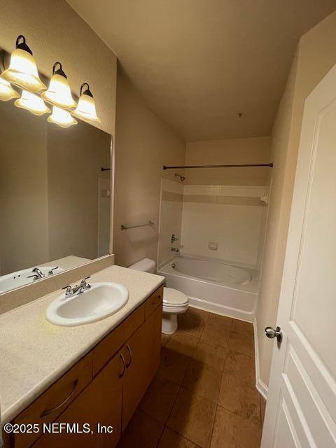 full bath with toilet, shower / bathing tub combination, and vanity