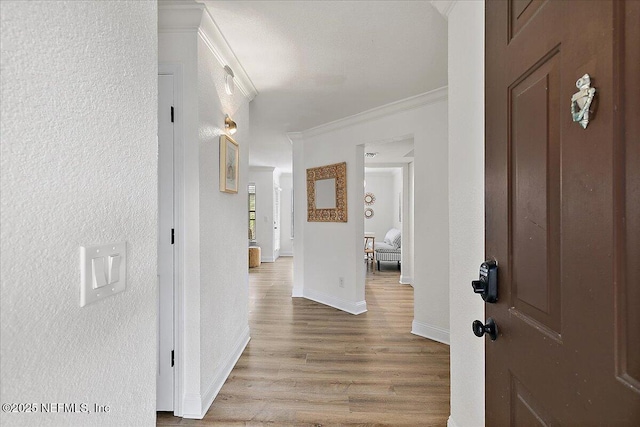 foyer entrance with ornamental molding, a textured wall, light wood-style flooring, and baseboards