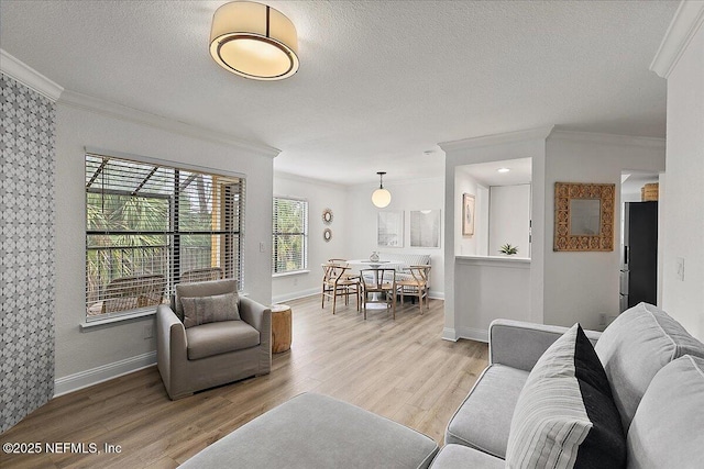 living room featuring ornamental molding, baseboards, light wood-style flooring, and a textured ceiling