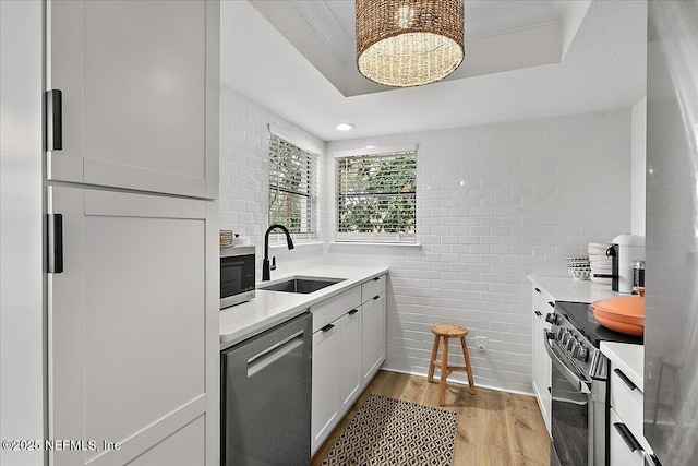 kitchen with appliances with stainless steel finishes, a tray ceiling, a sink, and light wood-style flooring