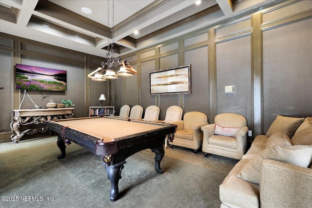 game room featuring carpet floors, beam ceiling, and a decorative wall