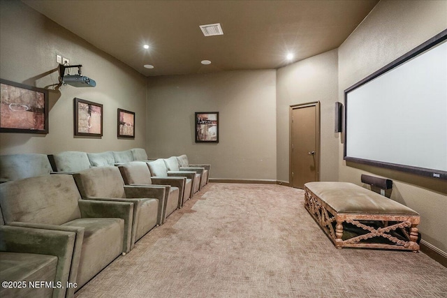 carpeted home theater featuring recessed lighting, visible vents, and baseboards