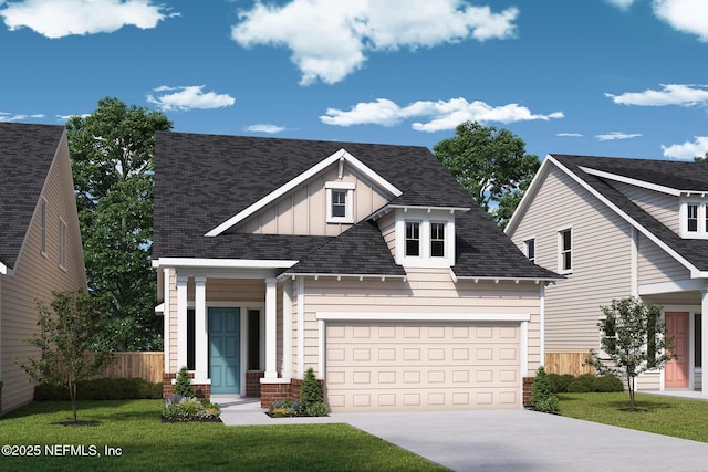 view of front of house with a garage, driveway, fence, board and batten siding, and a front yard