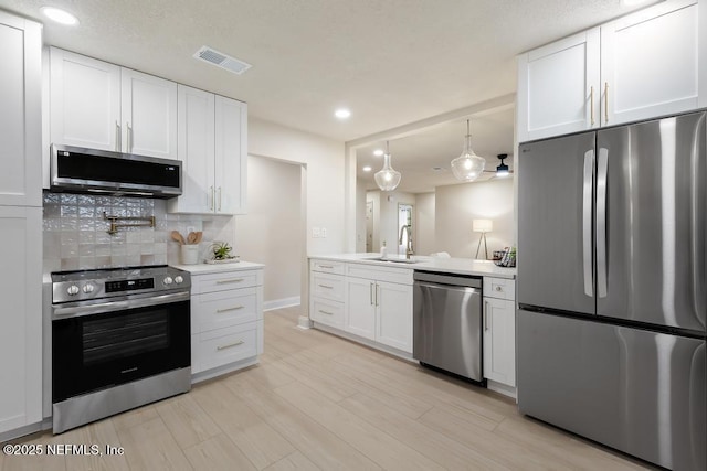 kitchen with appliances with stainless steel finishes, light countertops, a sink, and decorative backsplash