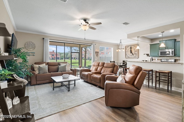 living area featuring a textured ceiling, visible vents, a ceiling fan, light wood-style floors, and crown molding