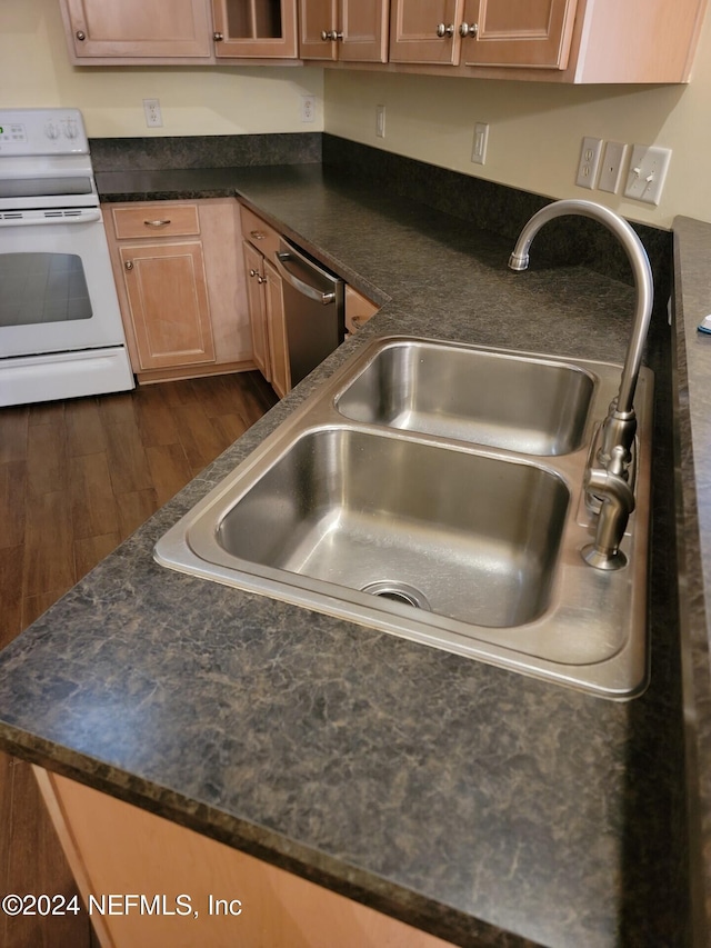 kitchen featuring dishwasher, electric stove, dark wood-type flooring, and a sink