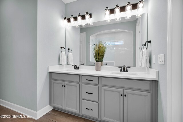 bathroom featuring a sink, baseboards, wood finished floors, and double vanity