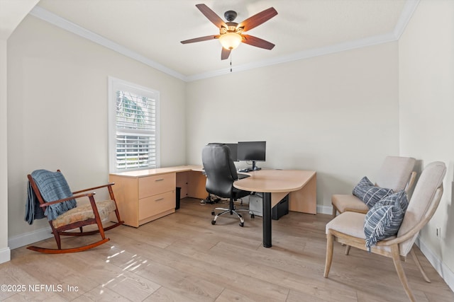 office space featuring light wood-type flooring, crown molding, and baseboards