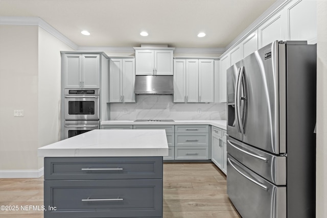 kitchen with light wood finished floors, decorative backsplash, appliances with stainless steel finishes, a kitchen island, and under cabinet range hood