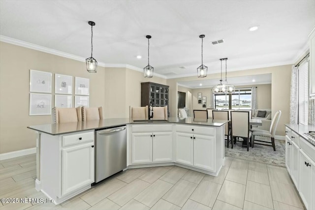 kitchen with a sink, visible vents, white cabinets, dishwasher, and crown molding