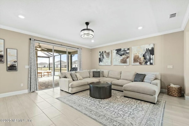 living room featuring baseboards, recessed lighting, visible vents, and crown molding