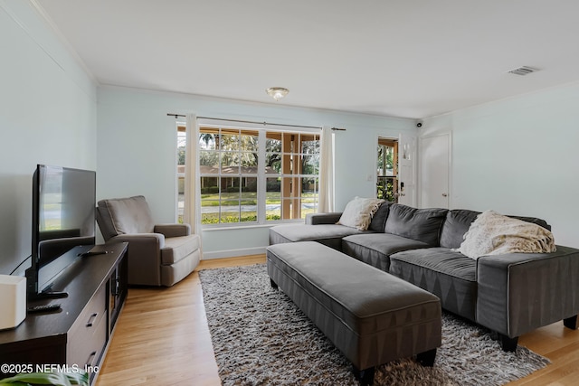 living area featuring ornamental molding, light wood finished floors, and visible vents