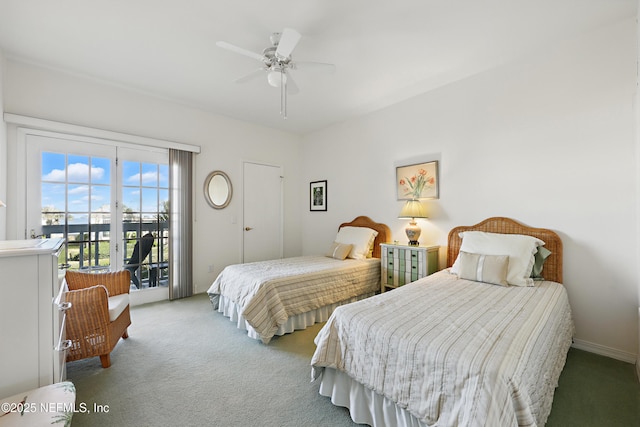 carpeted bedroom with a ceiling fan and access to outside