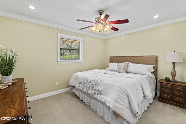 bedroom featuring recessed lighting, light carpet, a ceiling fan, baseboards, and ornamental molding