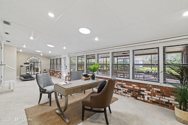 office featuring light tile patterned flooring, visible vents, and recessed lighting