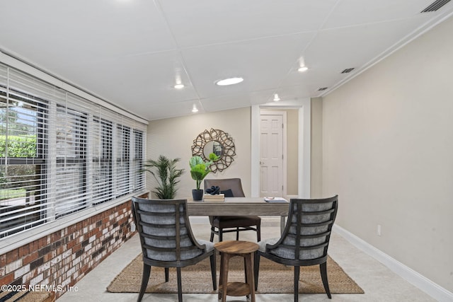 home office with recessed lighting, visible vents, and baseboards