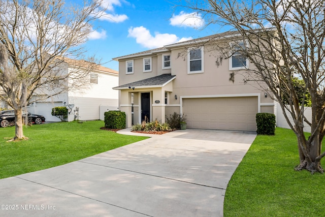 view of front of house with an attached garage, a front lawn, concrete driveway, and stucco siding