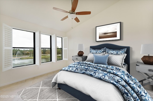 bedroom with lofted ceiling, baseboards, carpet floors, and ceiling fan