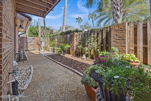 view of yard with a fenced backyard and a gate