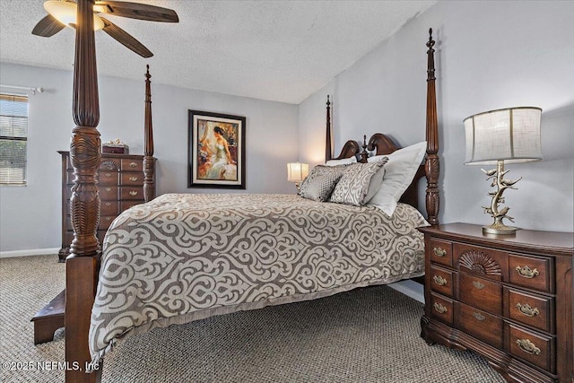 bedroom featuring carpet, baseboards, ceiling fan, and a textured ceiling