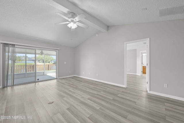 unfurnished room featuring lofted ceiling with beams, light wood finished floors, visible vents, and a ceiling fan