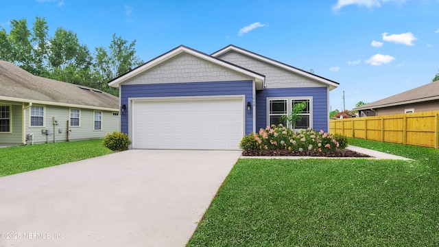 view of front of property with a garage, fence, a front lawn, and concrete driveway