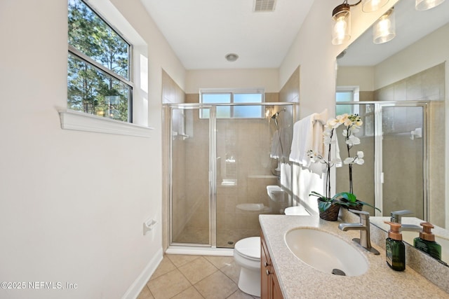 full bathroom featuring a stall shower, vanity, and toilet