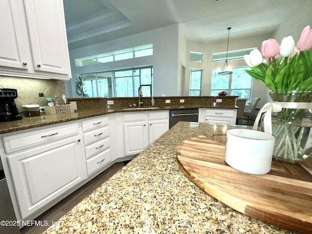 243 Stonewell Dr, Saint Johns, FL 32259 - kitchen featuring dishwashing machine, white cabinetry, tasteful backsplash, dark stone counters, and hanging light fixtures