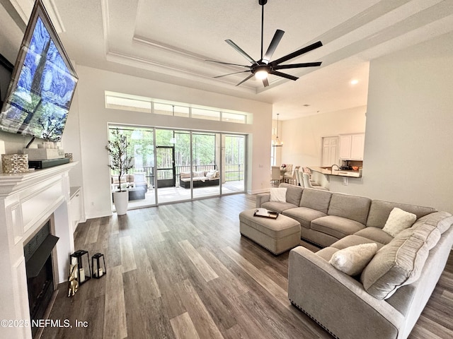 243 Stonewell Dr, Saint Johns, FL 32259 - living area featuring a fireplace, a ceiling fan, dark wood-type flooring, a tray ceiling, and recessed lighting