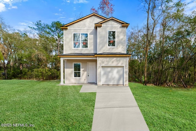 view of front facade featuring concrete driveway, an attached garage, and a front lawn