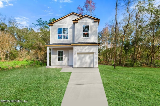 view of front facade with driveway, an attached garage, and a front lawn