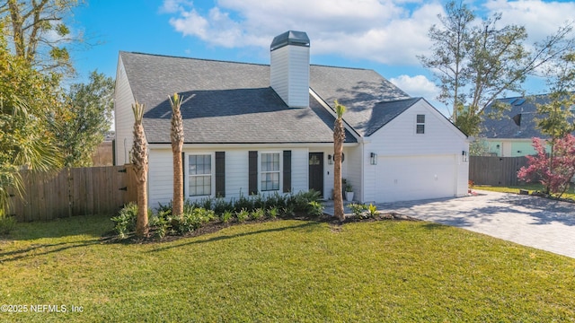 view of front of home featuring a garage, a front lawn, decorative driveway, and fence