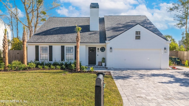 ranch-style home with decorative driveway, roof with shingles, a chimney, fence, and a front lawn