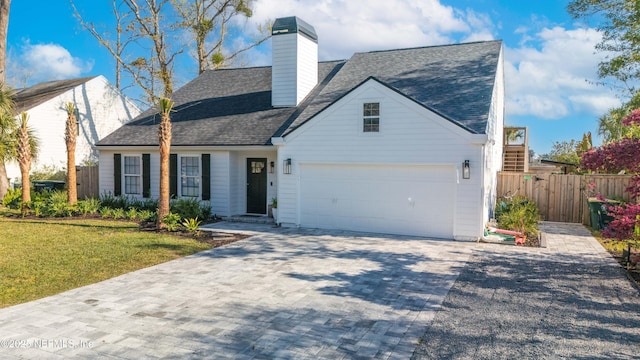 view of front of property with a shingled roof, decorative driveway, a front yard, and fence