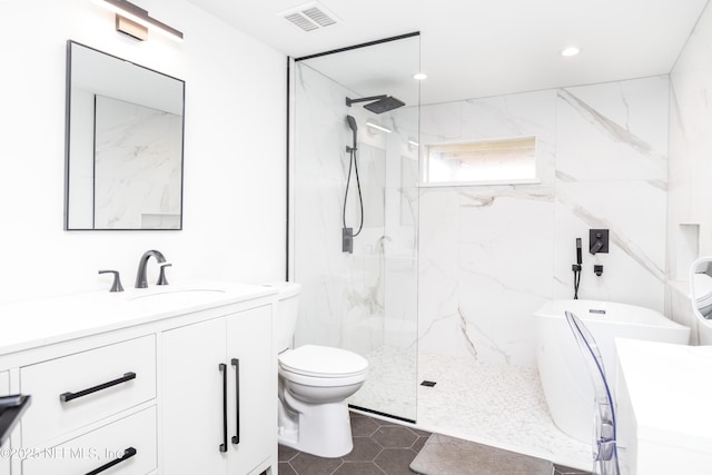 full bathroom with toilet, recessed lighting, vanity, visible vents, and a marble finish shower