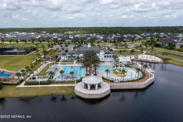 bird's eye view with a water view and a residential view