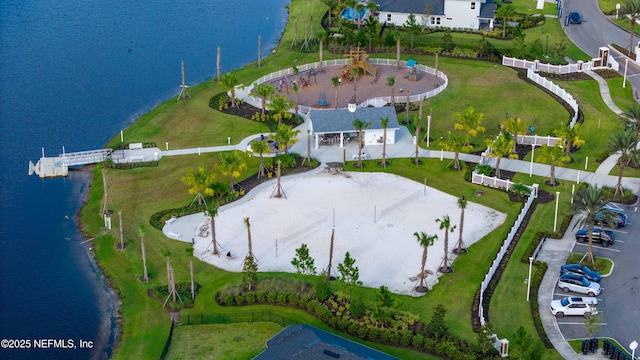 drone / aerial view featuring a water view