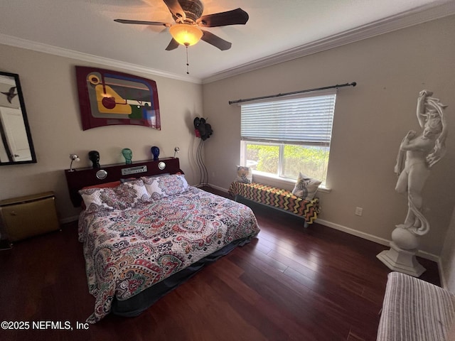 bedroom featuring ceiling fan, ornamental molding, wood finished floors, and baseboards