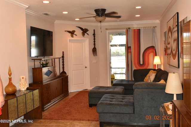 tiled living room featuring ornamental molding, a ceiling fan, visible vents, and recessed lighting