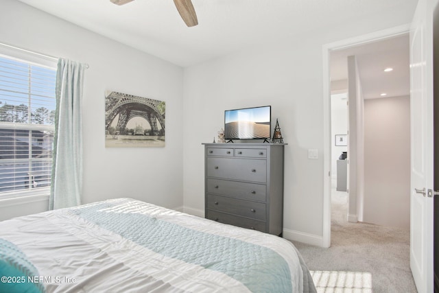 bedroom featuring carpet floors, recessed lighting, baseboards, and a ceiling fan