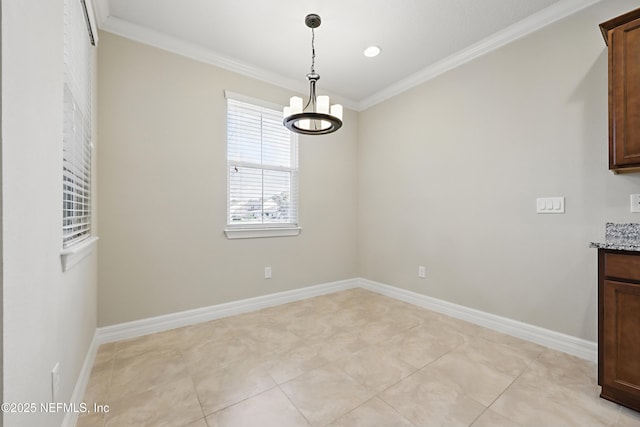 unfurnished dining area featuring baseboards, a chandelier, crown molding, and light tile patterned flooring