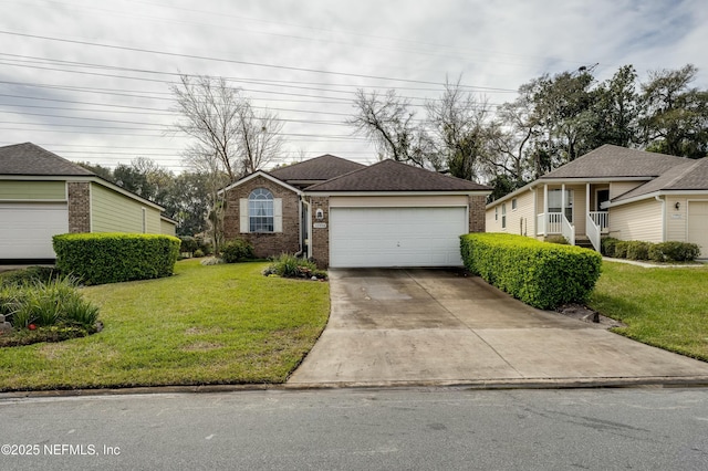 view of front of property featuring brick siding, a shingled roof, concrete driveway, a garage, and a front lawn